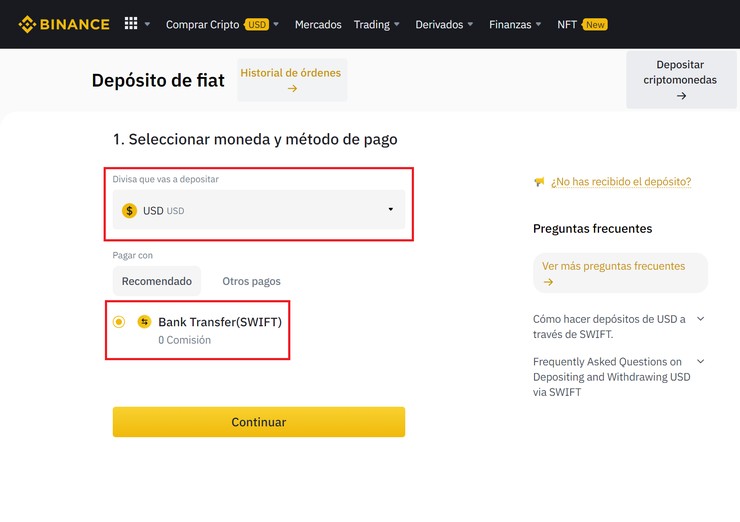 Guía Binance transferencias SWIFT 4